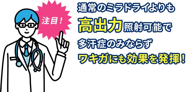 通常のミラドライの1.6倍の出力により、多汗症のみならずワキガにも効果を発揮！